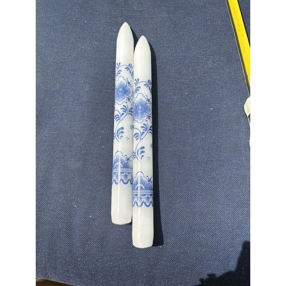 Delft Blue & White Floral Taper Candles Flowers Peacock Holland Set Of 2